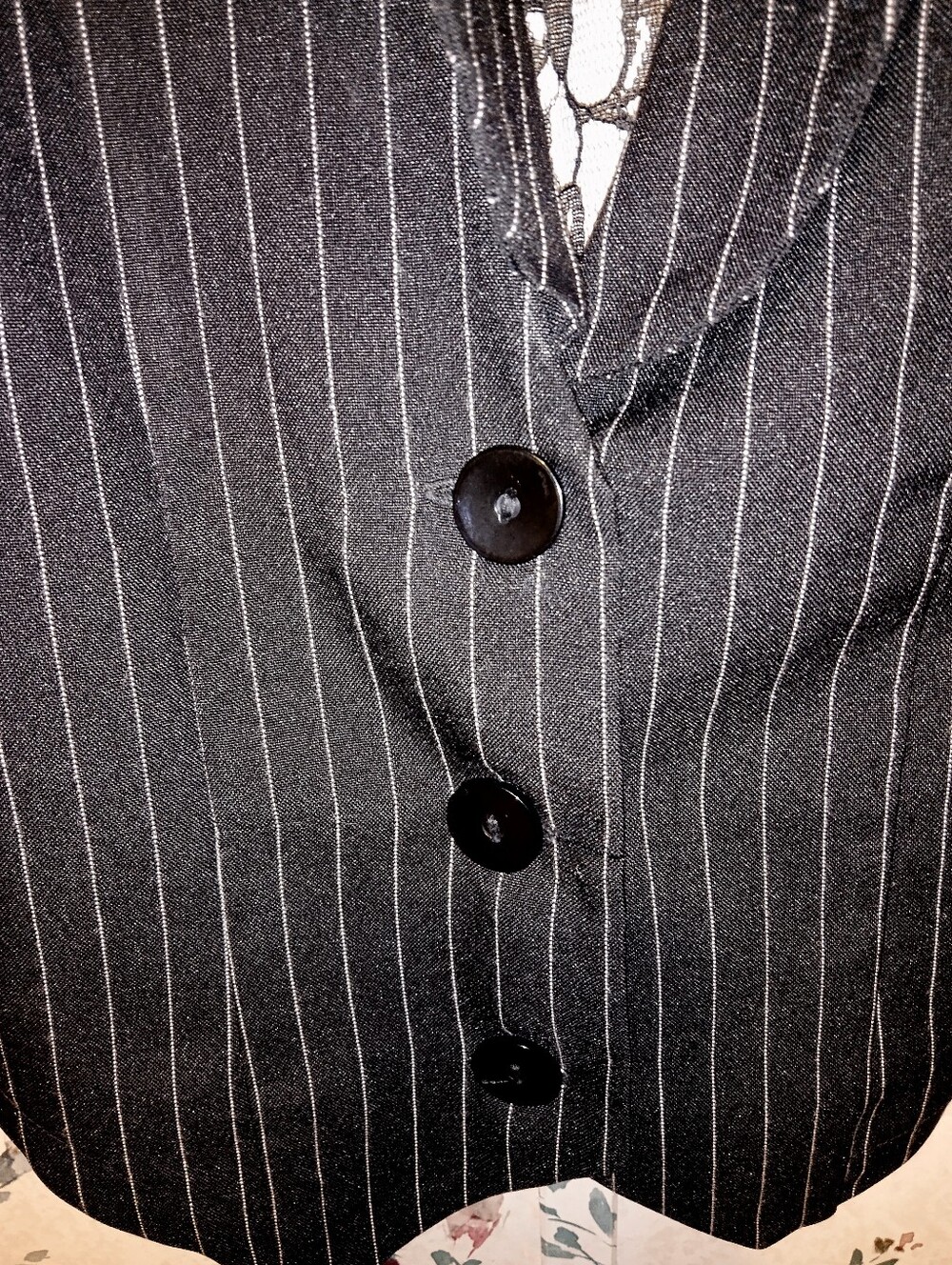 Vintage Lipsy Black Pinstripe Vest With Lace Detailing Size Medium. - Picture 3 of 5